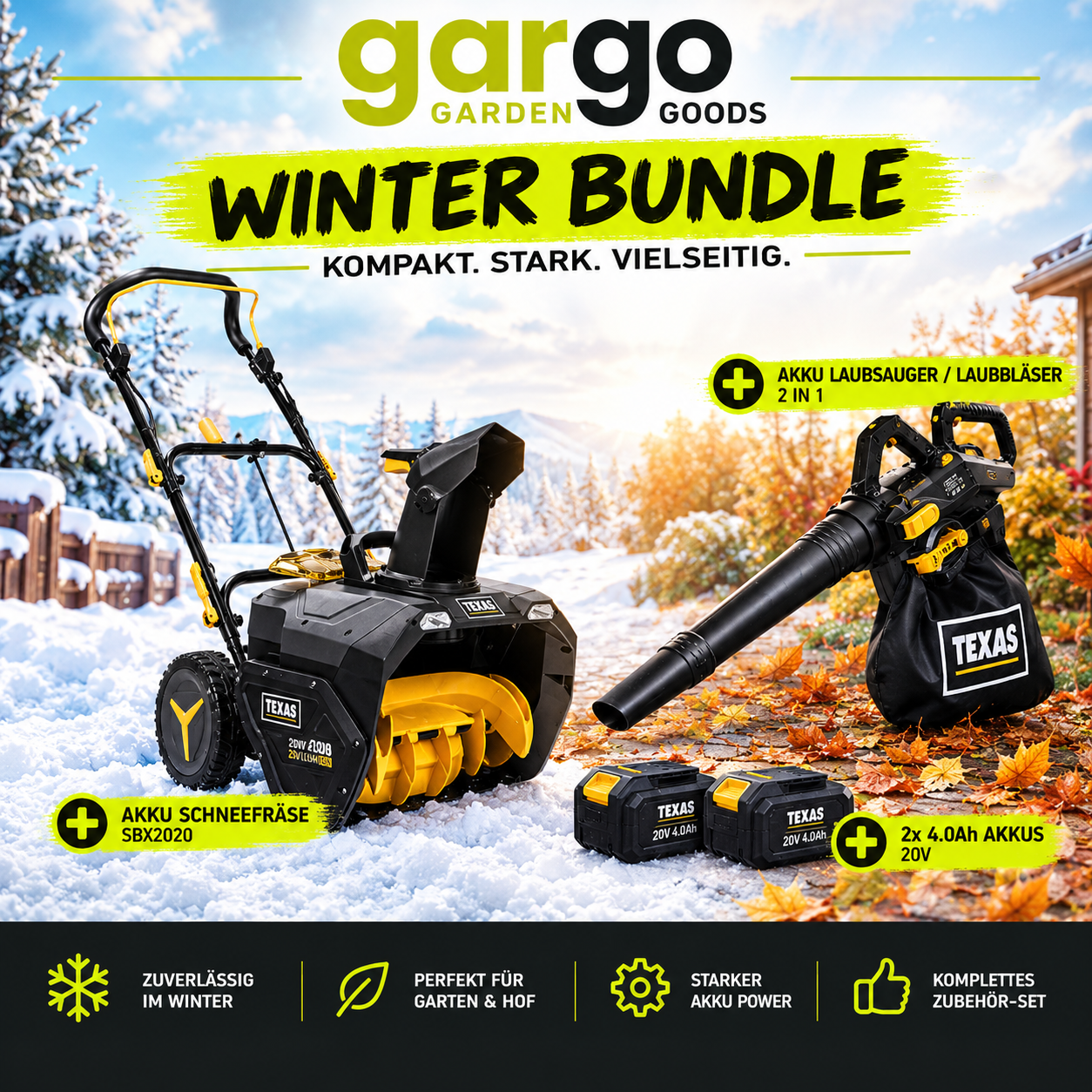 Texas Akku Schneefräse und Laubsauger / Laubbläser Winter Bundle